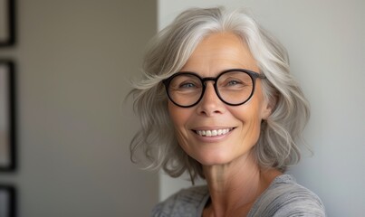 Happy senior caucasian woman in glasses having wide charming smile stand alone indoor pose for camera