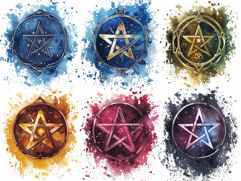 set of pentagrams in watercolor - isolated on white - generative ai