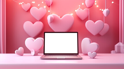 Modern laptop computer with love heart screen on wooden table over blur red background, Business internet dating online, Valentines day concept
