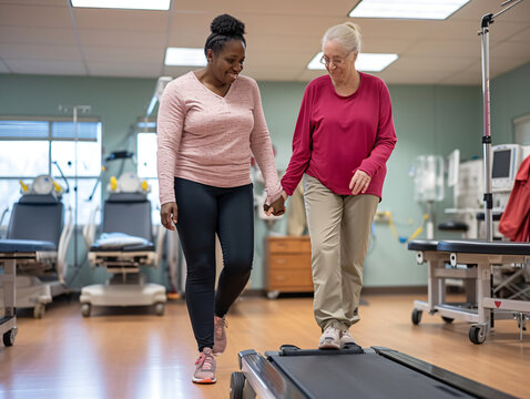 Physical therapist assisting elderly woman on treadmill in rehabilitation facility. Active aging and healthcare service concept for design and print. Focused on patient care and physical activity