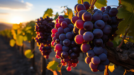 Sunny Vineyard Harvest - Fresh Red Grapes Cluster on Wooden Ledge with Vine Leaves, Perfect for Wine Connoisseurs - AI Generated 