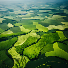 Aerial view of green fields, crops and harvests. Natural landscape.
