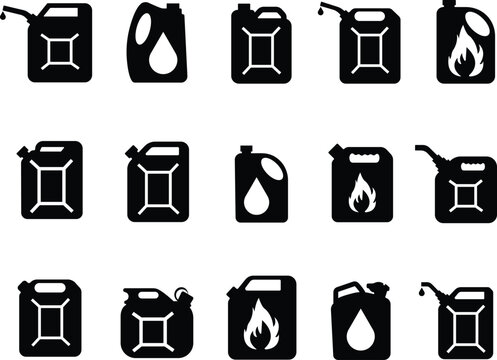 Jerrycan, canister icon in flat style set pictogram isolated on transparent background. petrol, gasoline, fuel or oil can symbol. black diesel plastic empty water canister vector for apps, website