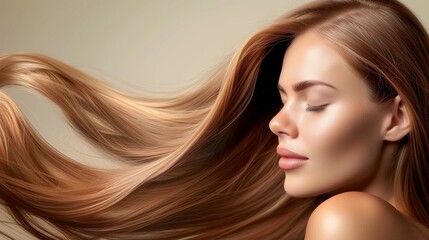 A stunning model flaunts her long, luscious, and glossy hair, perfectly embodying hair health and beauty. Ample copy space is provided for editorial use, emphasizing hair care and wellness.