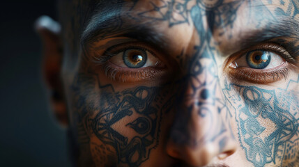Closeup of the fully tattoed face of a man