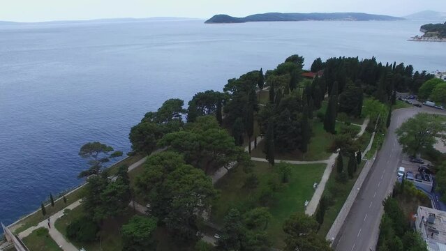 Sustipan Park on shore of Kastelanski bay during rain at spring