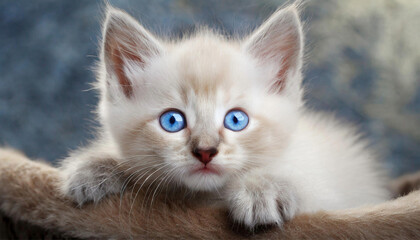 A small kitten with light fur and blue eyes resting