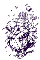 PNG file with transparent background, illustration a girl on the planet space with dream and cute character, retro vintage psychedelic art for your brand sticker, tshirt, coloring book or merchandise