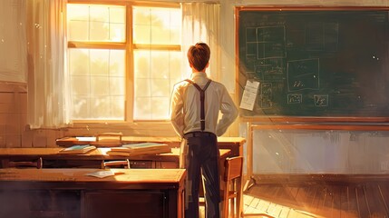 Back view of young male teacher standing in classroom with blackboard on background