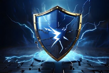 cyber security , data privacy concept. A glowing blue shield with lightning bolt, keyboard in background.