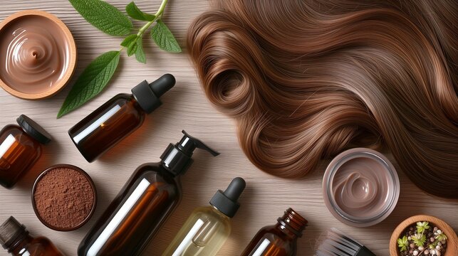 A comprehensive hair care treatment concept showcasing a variety of products including hydrating masks, nourishing shampoos, smoothing conditioners, potent hair serums, and organic oils