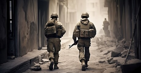 Two soldiers navigating a war-torn city, showcasing intensity and teamwork in urban warfare