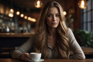 Stunning long-haired blonde woman sitting confidently in a cozy cafe while holding a cup of coffee. Elegance, warmth, relaxed sophistication, lifestyle, beauty, coffee or tea culture.