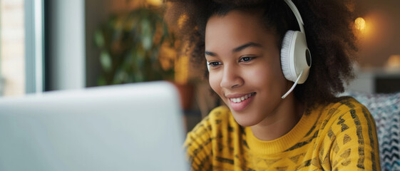 Young african american woman enjoys learning online, her headphones and smile suggesting engagement and ease
