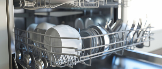 Open dishwasher filled with clean dishes in a sunlit modern kitchen, hinting at a task completed