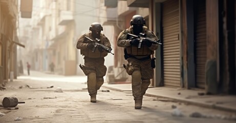 Two soldiers advancing through a war-torn city street, embodying stealth and vigilance in urban warfare."