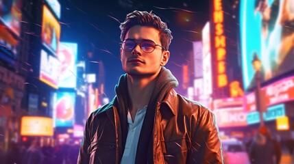 A fashionable young man, standing confidently on a busy pedestrian street, colorful city lights glowing in the evening - obrazy, fototapety, plakaty
