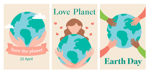 Set of cards for Earth Day, save the planet, April 22, love the planet