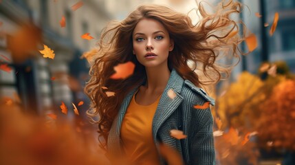 A fashionable young woman, confidently walking down a vibrant city street, autumn leaves swirling around