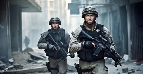 Fototapeta premium Two soldiers navigating a war-torn city, showcasing intensity and teamwork in urban warfare