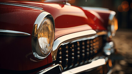 Close-up of headlights of a red vintage car. Exhibition - obrazy, fototapety, plakaty