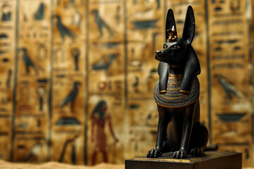 Egyptian god Anubis statuette in front of a hieroglyphic panel