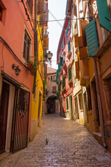 A quiet back street in the historic centre of the medieval coastal town of Rovinj in Istria, Croatia