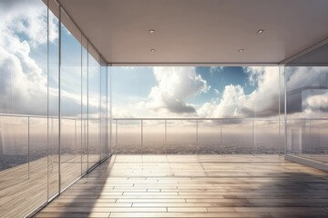 Contemporary open plan balcony interior with daylight, a blank mock up space for your advertisement, and a panoramic view of the sky and clouds