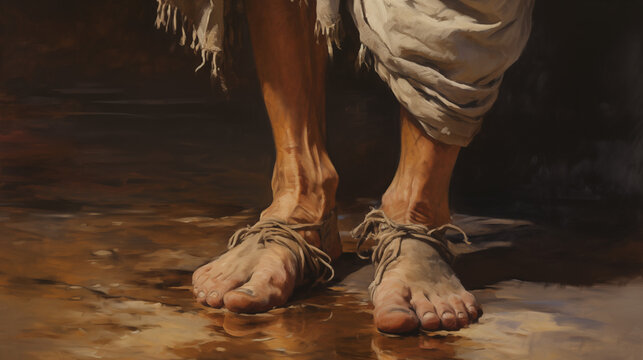 a highly detailed photo of a dusty and dirty barefoot. preparation of the gospel of peace. 