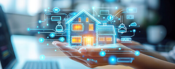Human hands holding house controlled by smart system app. Concept of intelligent home.