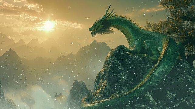 In a fantasy style, discover a cute green dragon in the mountains, embodying China's Christmas design, offering free copy space