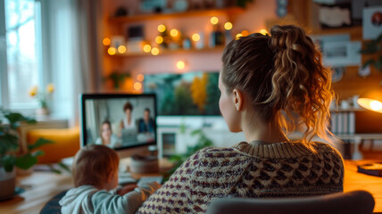 A woman working remotely from home is holding a video conference with her colleagues. Her child is playing next to her, and a cozy home interior can be seen in the background. Generative AI