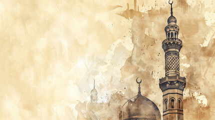 A Ramadan greeting card showcases a sketch of a towering mosque on a sepia watercolor background, offering free copy space