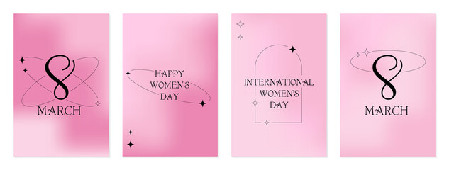 International Women's Day. 8 March banner, set greeting card. Trendy blurry gradients, typography, y2k, linear forms. Minimalist design for party, ads, cover, social media templates