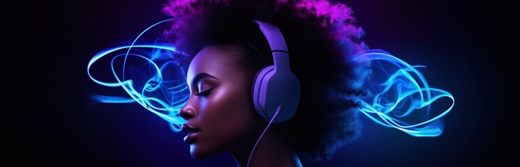 Afro american young womanwith headphones enjoying music surrounded by neon light effects suggesting sound waves around her head