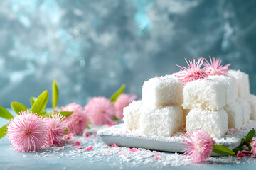 Easter lamingtons, coconut cakes on a blue background.