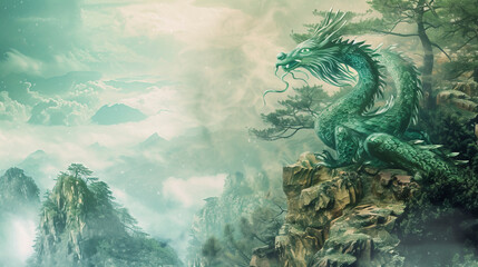 Cute green dragon in the mountain, china christmas design, fantasy style, free copy space