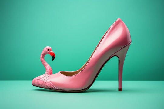 Funny pink woman shoe with flamingo shape and high heel isolated on blue studio background, creative and unique fashion design