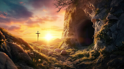 Resurrection of Jesus Christ portrayed against a sunrise background, with an empty tomb, shroud, and crucifixion imagery for Easter - obrazy, fototapety, plakaty