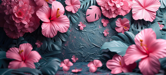 Exquisite Pink Hibiscus Flowers with Textured Blue Leaves - Artistic Floral Composition for Elegant Designs - AI Generated