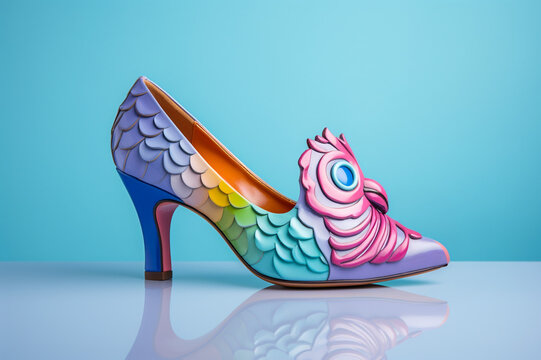 Funny multicolor woman shoe with owl shape and high heel isolated on blue studio background, creative and unique fashion design