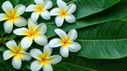 Fototapeta na wymiar Frangipani flowers on green leaves. Top view. Place for text. Generated AI