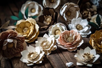 Fototapeta na wymiar Decoration of paper flowers on a wooden background. Concept for a lovely wedding ceremony that includes writing