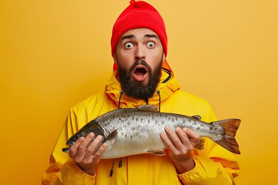 young bearded fisherman dressed in yellow with a fish in his hands