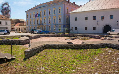 The ruins of the 17th century St Josephs Chapel in Karlovac, central Croatia. The Church of the Most Holy Trinity - Crkva Presveto Trojstvo - is seen covered in scaffolding in the background