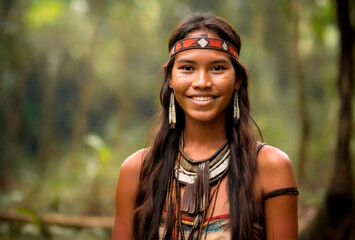 Portrait of an indigenous girl from a South American tribe with the jungle blurred in the background. AI generative