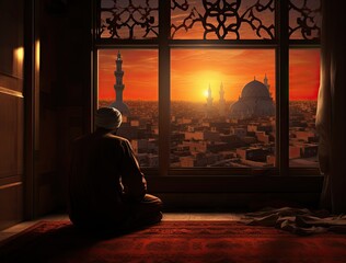 Obraz na płótnie Canvas A tranquil mosque setting, suitable for crafting heartfelt Ramadan greetings cards.