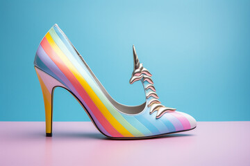 Funny multicolor woman shoe with unicorn shape isolated on blue background, creative and unique fashion design