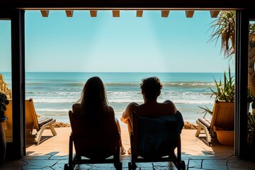 Two friends relaxing on chairs, enjoying a serene ocean view from a beach house balcony on a perfect sunny day.