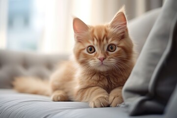 Beautiful red-haired striped kitten on a grey couch. Cat at home, pets indoors AI Generated 